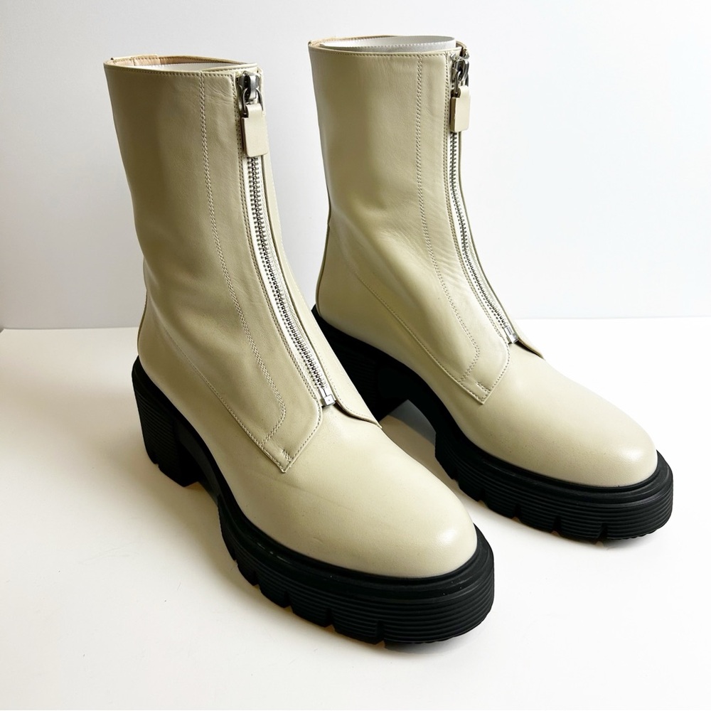 Stuart Weitzman Soho zip booties lug soles tan/oat size: 11
